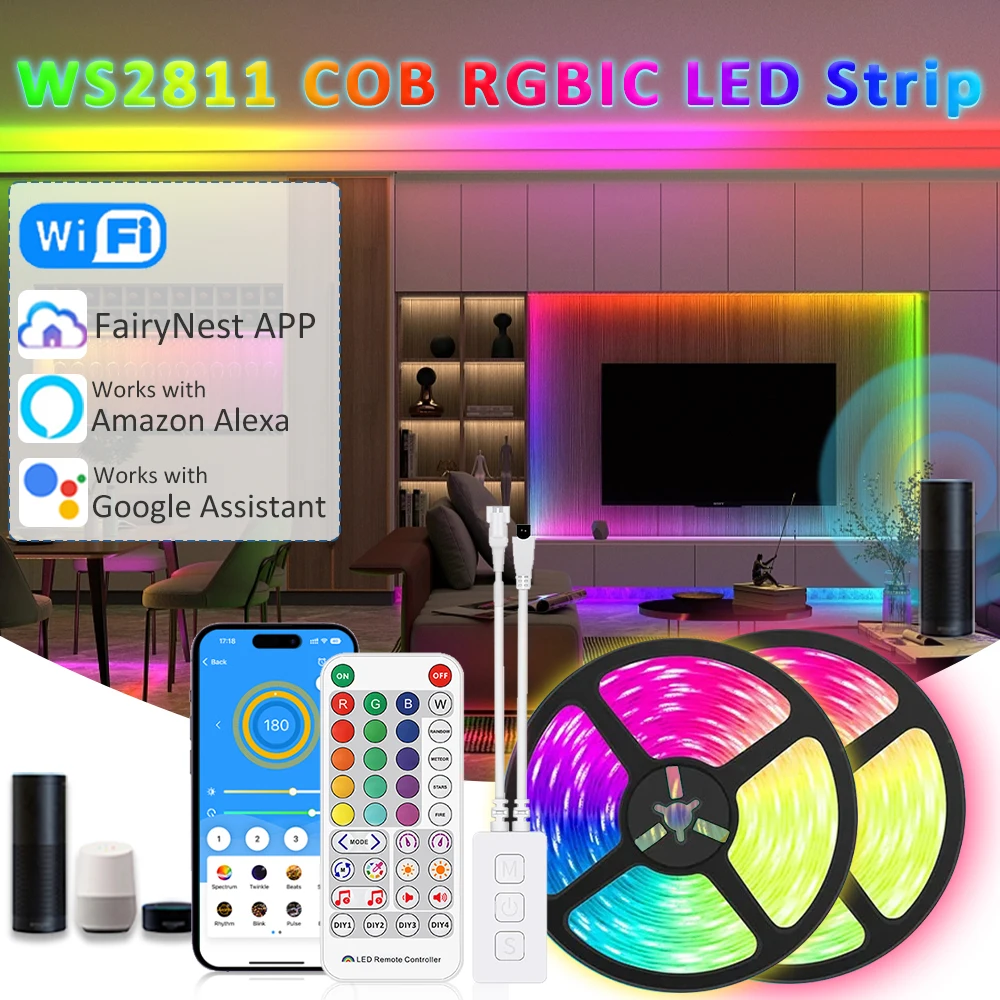 Гибкая светодиодная лента с RGB IC FCOB, 24 В, 5/10/15/20 м, Wi-Fi