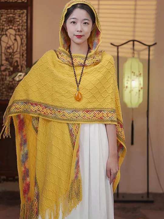 

Poncho Cloak New Travel Hat Knitted Shawl Versatile Western Fashion Ethnic Women's Shawl Lady shopping Coat Capes Yellow
