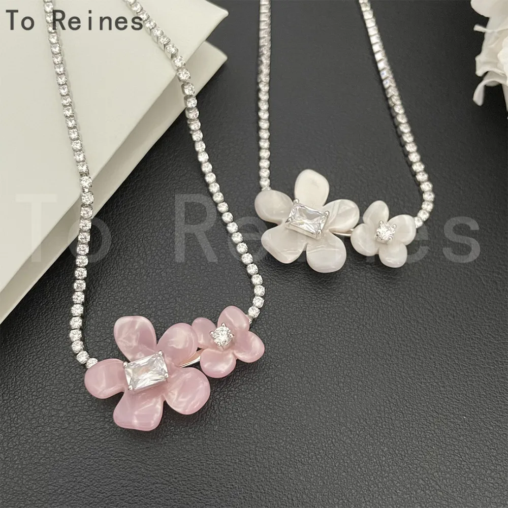 

To Reines High Quality Vintage Flowers Double Crystal Pendant Chain Necklace For Woman Luxury Jewelry Trend Collares Para Mujer