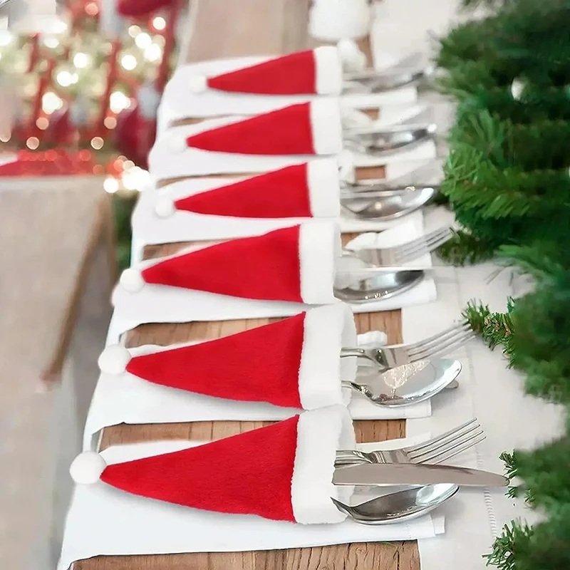 Christmas beanie hat 50PCS Christmas hat For fork knife tableware decorations Plush mini Santa hat family party New Year gifts Xmas small red cap