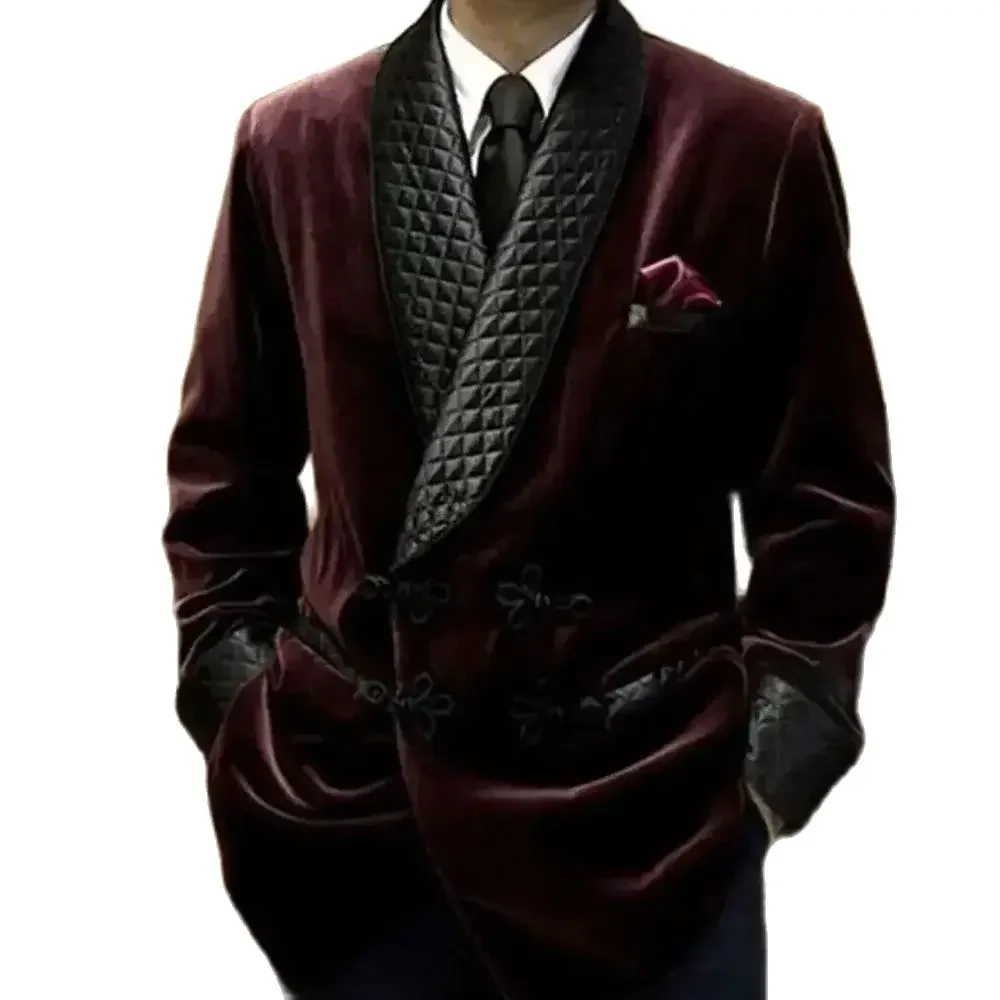 Burgundy Velvet Double Breasted Men Suit One Piece Black Shawl Lapel Design Smoking Jacket Costume Loose Daily Blazer men suits jackets