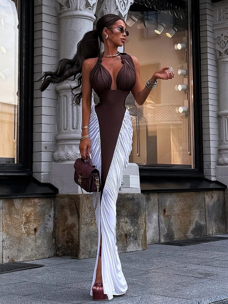 Kliou Ruched Elegant Long Dress Woman Halter Low-Neck Backless Contrast Patchwork Robe Midnight Banquet Party Classic Vestidos 4
