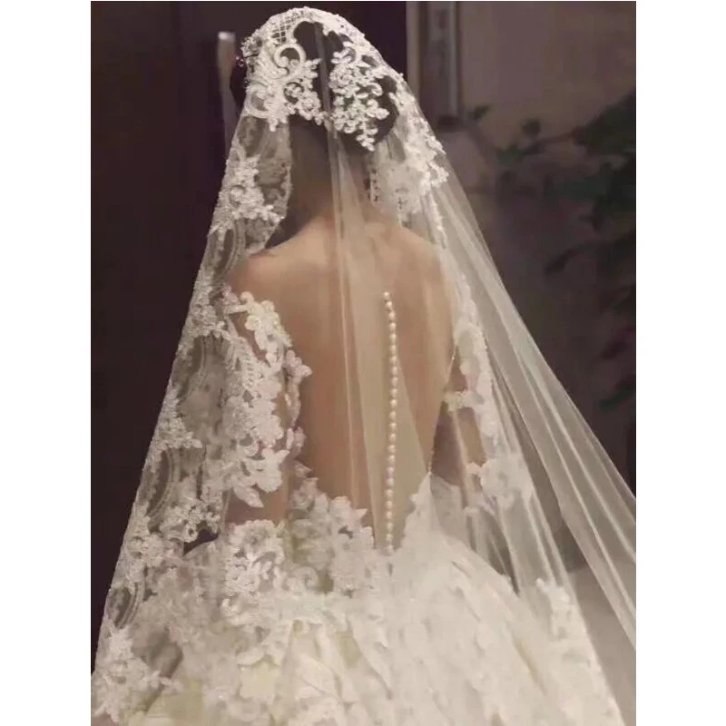 Bridal Veil 5m 4m 3m Long Wedding Bridal Veils Lace Appiques Edge 1 T Tulle Cathedral Veil with Comb