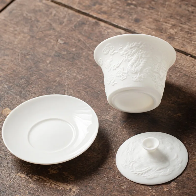 relief sculpture Dragon and Phoenix Sancai Covered Bowl 160ml Kung Fu Tea Brewer Large Tea Cup Zen Ware