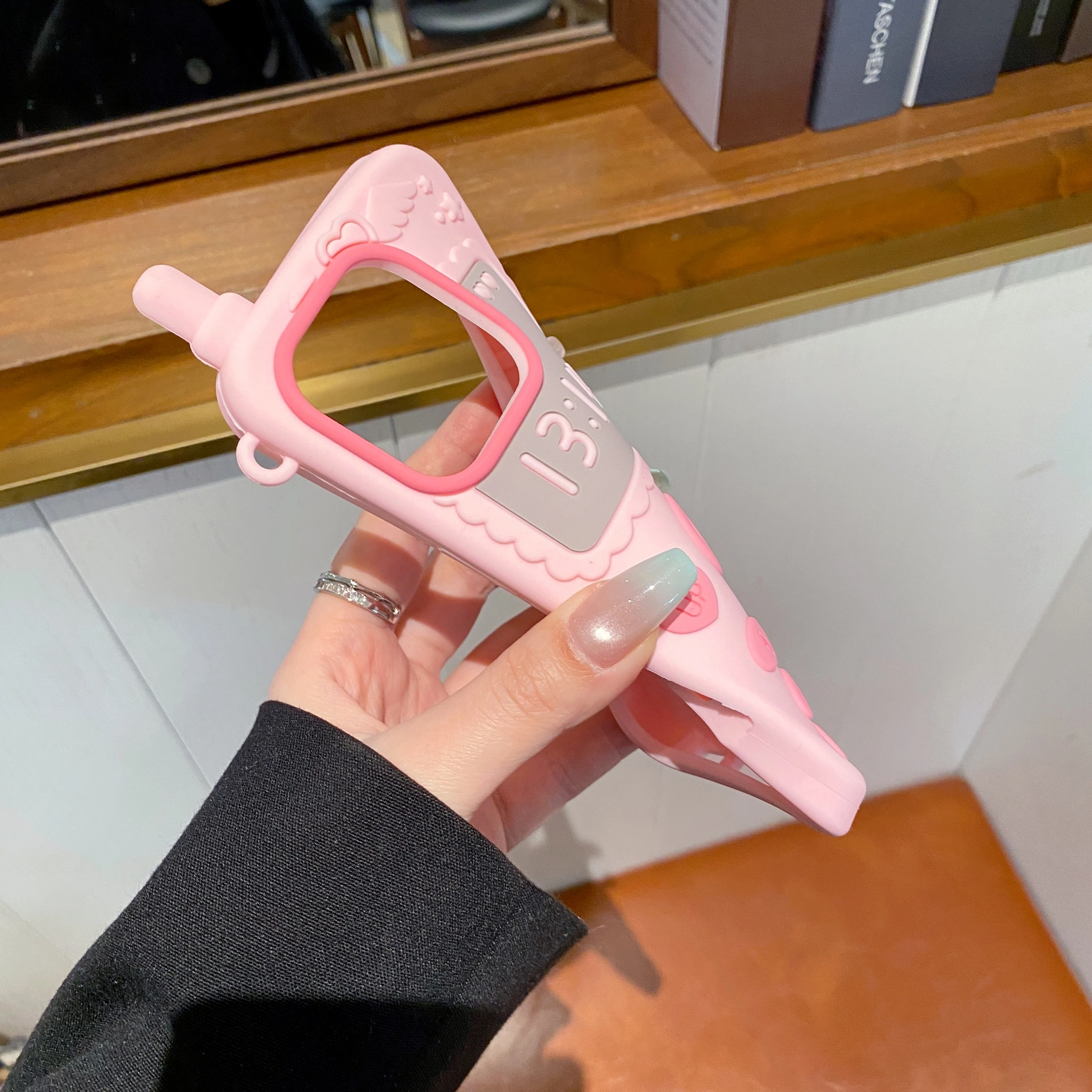 3D Pink Telephone Antenna Silicone Phone Case with Love Heart Shockproof Cover