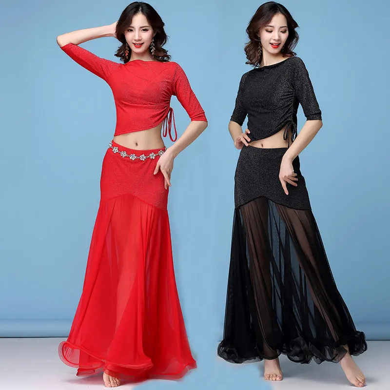 

2PCS Women Sexy Oriental Belly Dance Set Tops with Skirt Lady Stage Performance Costumes Suits Female Practice Wear Outfit
