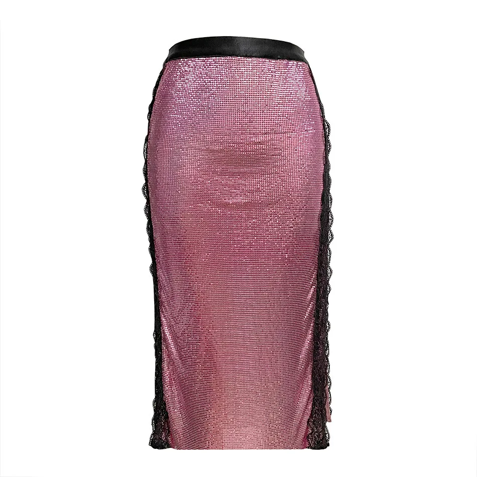 

YOUR BUMP CURVE Metallic sequin stitching lace see-through hollow double slit midi skirt elegant ladies theater catwalk