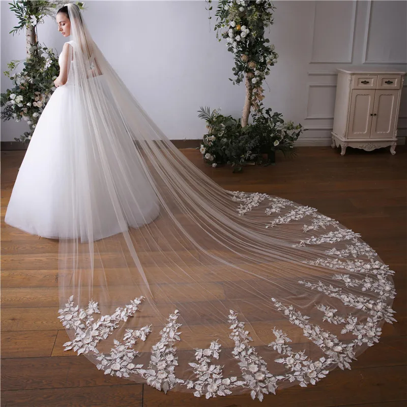 

Wedding Weil White Cathedral Long Champagne Handmade Three-dimensional Petal Bridal Veil Wedding Accessories ZJJ10065