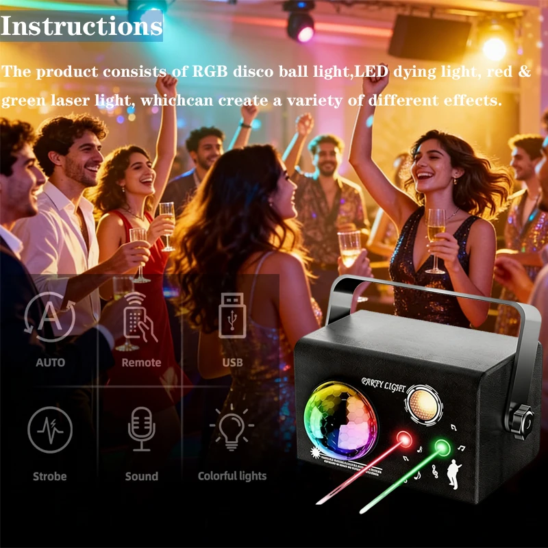 Sound-Activated LED Disco Party Light with Laser, Remote & USB