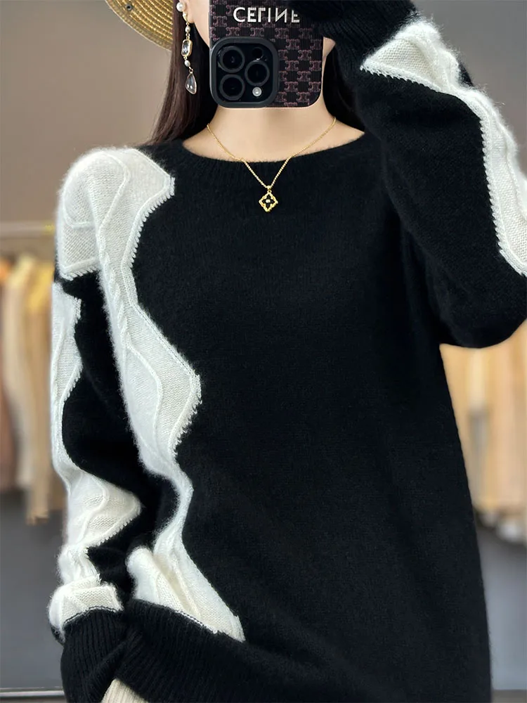 autumn-and-winter-new-100-pure-woolen-sweater-women's-round-neck-colored-loose-and-versatile-knitted-cashmere-sweater-top