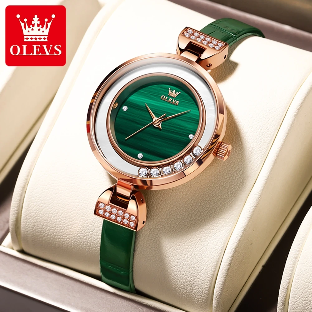 OLEVS Quartz Watch for Women Luxury Leather Strap Inlay Diamond Dial Waterproof Fashion Elegant Women's Wristwatches Reloj Mujer