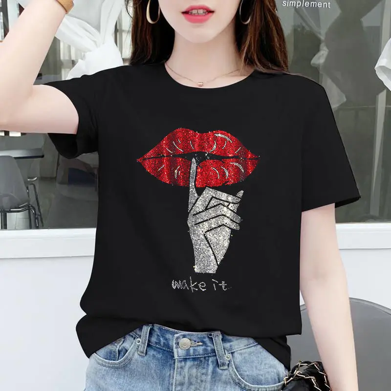 

Cotton Short Sleeve Oversized T-shirt For Women 2023 Summer New Casual Top Women Hot Diamond Large Bottom Women's T-shirt