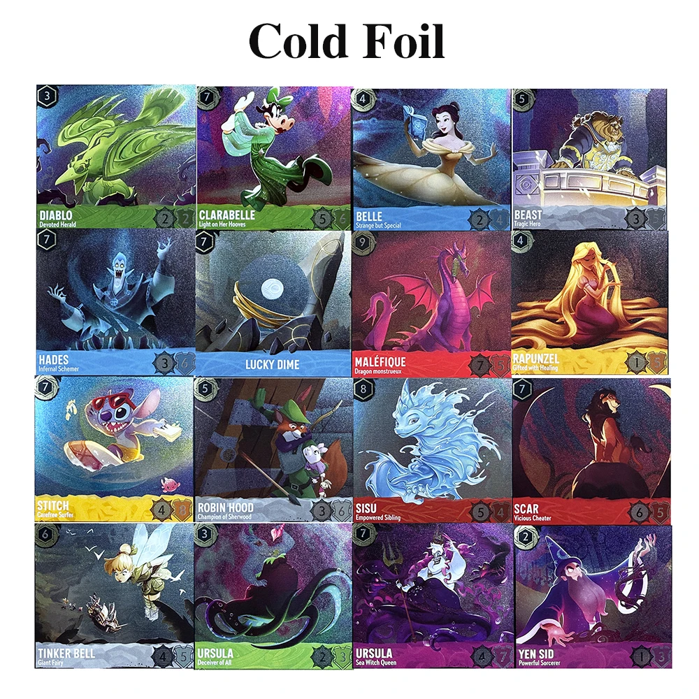 Lorcana Cold Foil Cards Rapunzel Maleficent Monstrous Dragon Diablo Clarabelle Sisu Ursula Beast Tragic Hero English French