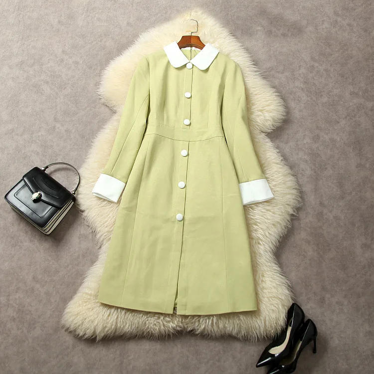 

European and American women's clothing 2023 autumn new Long sleeve lapel single breasted fashion Green dress