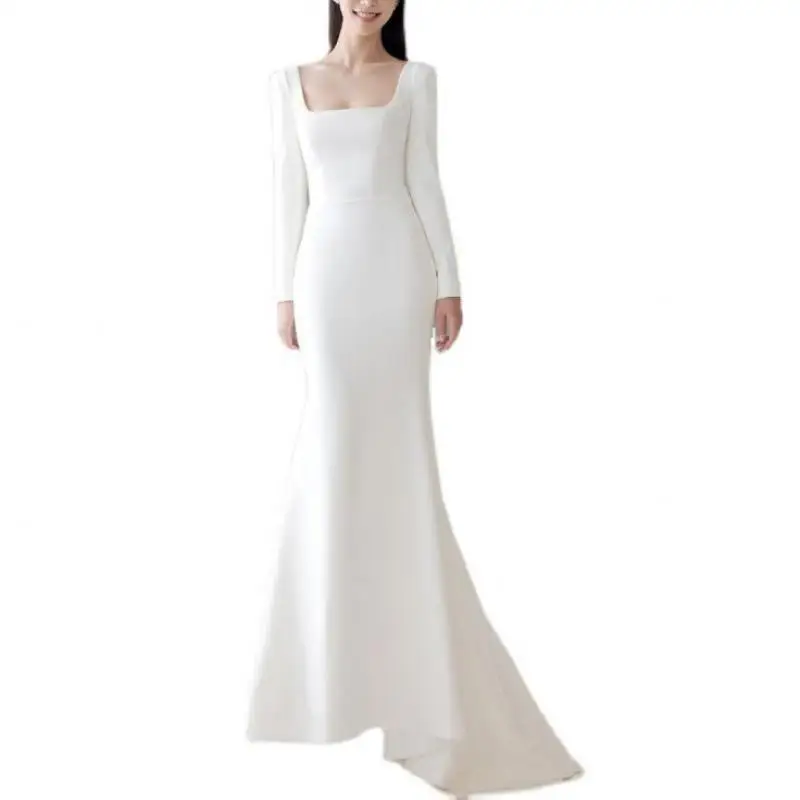 Elegant Mermaid Wedding Dresses With Long Sleeve Fashion Square Collar Simple Vestidos 2024 New Satin Bridal Dress Customized 6