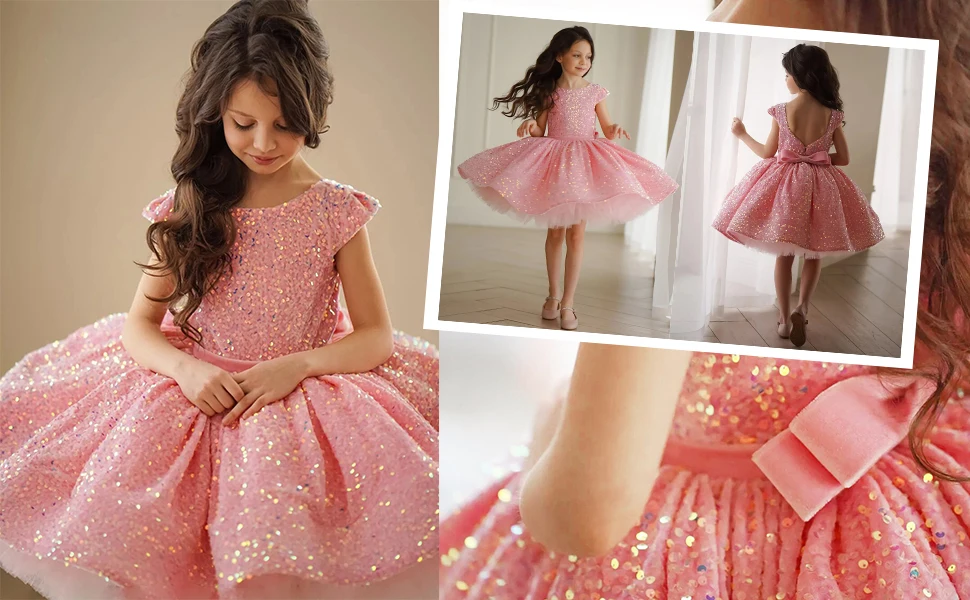 Kurze Pagenat-Kleider mit Flügelärmeln und Pailletten für Kinder