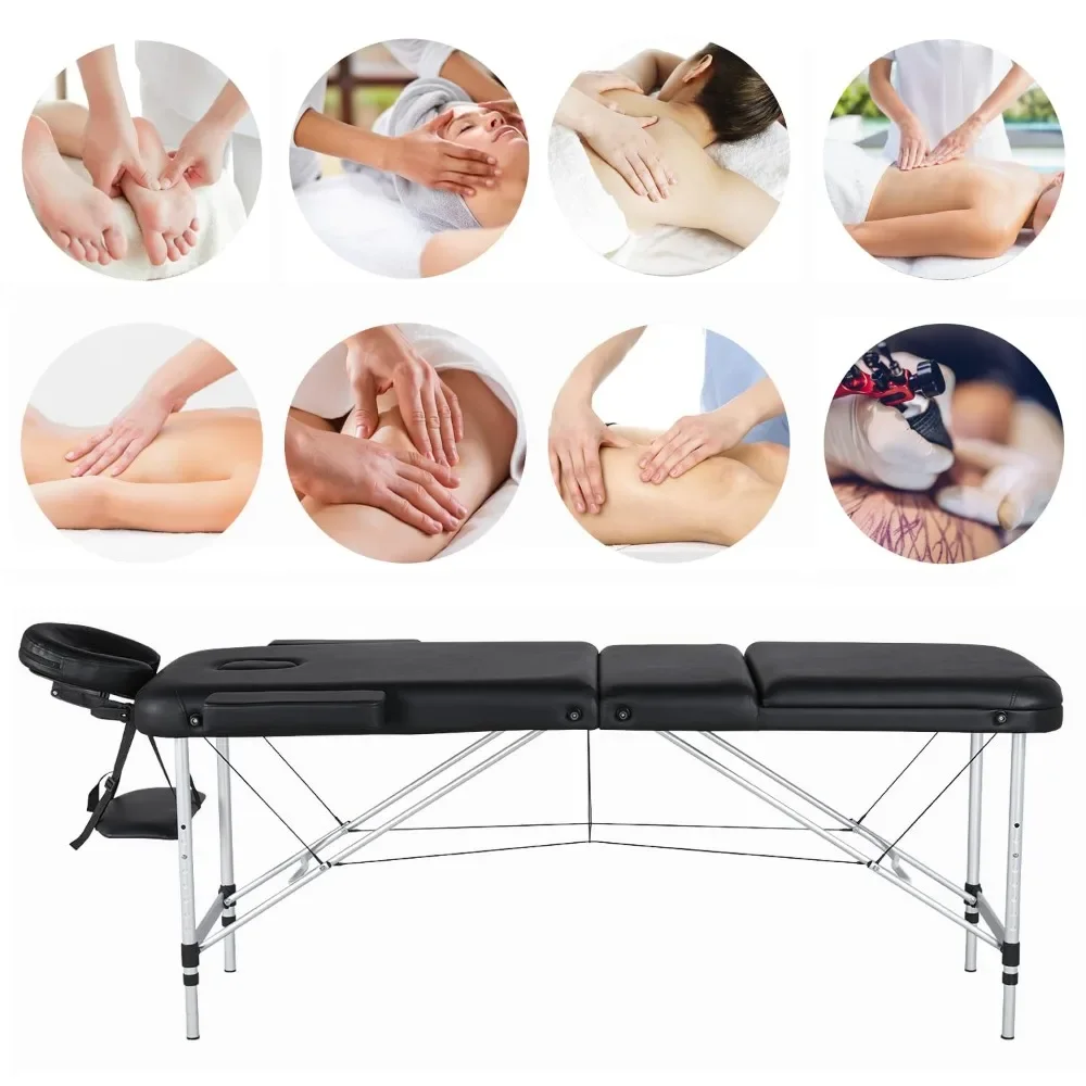 Portable Adjustable Tattoo and Massage Table, Aluminium 3-Section Folding Spa Bed with 24" Wide Non-Woven Carry Bag, Black