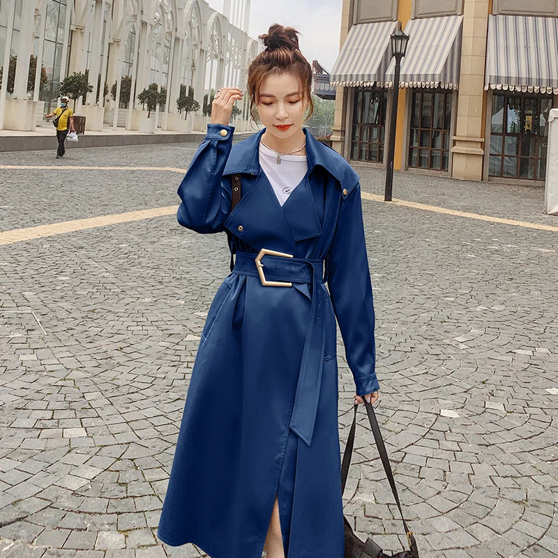 Women's Long British Style Windbreaker Spring Autumn New Ladies Cloak Khaki Women's Acetate Satin Trench Coat Slim Belt Overcoat maxi puffer coat Coats & Jackets