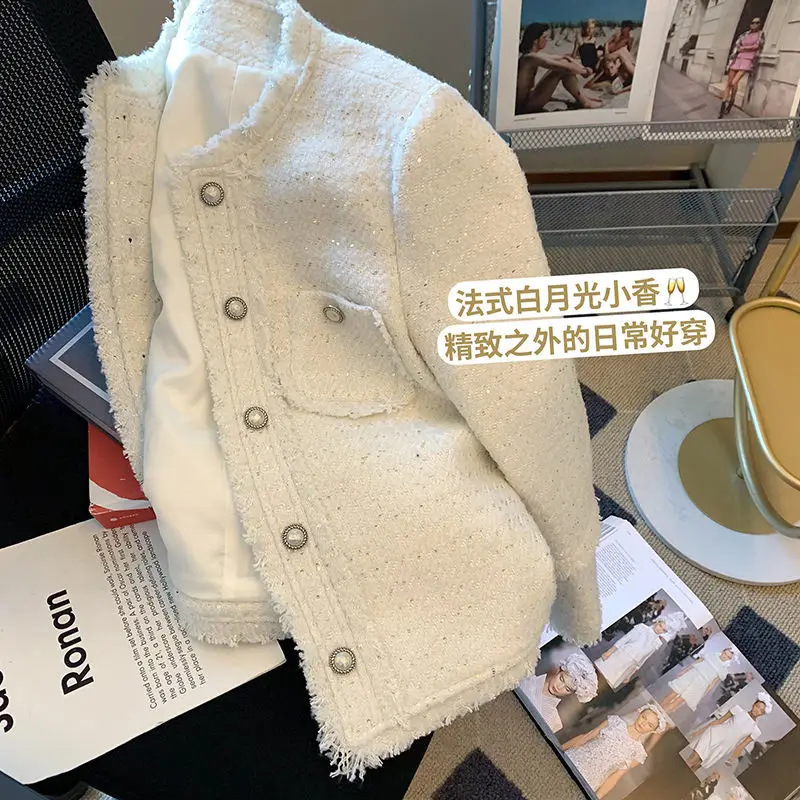 White Korean Tweed Cropped Jacket For Women Autumn Long Sleeve Tassel Luxury Coat Ladies Temperament Single Breasted Outwear