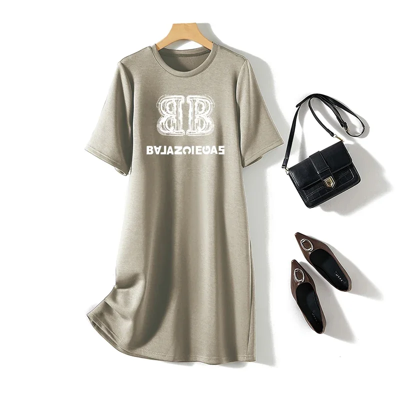 Women Clothing Letter Printed Short Sleeve Dresses Summer O-neck Fashion Tunic Straight Loose Casual Pullover Dress 5