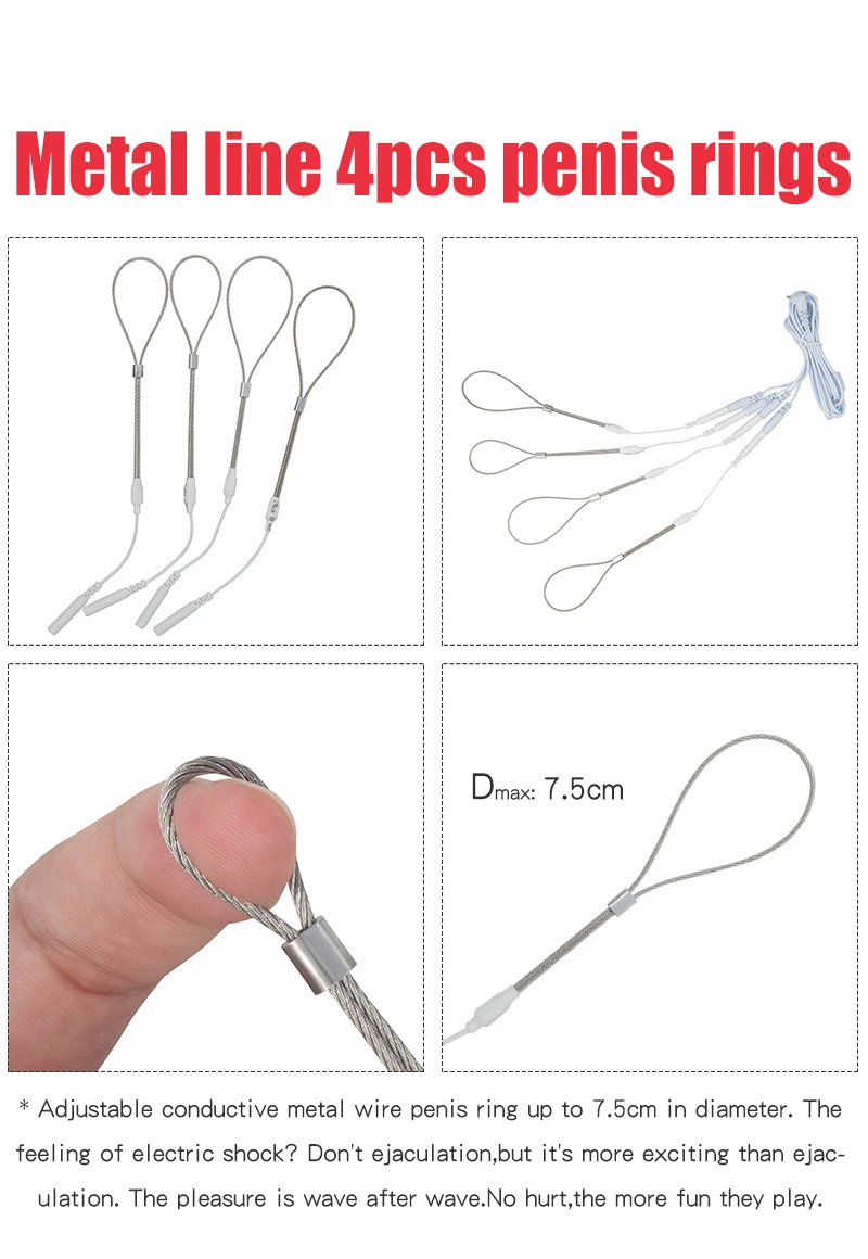 4 Pcs Electric Shock Penis Therapy Ring Delay Ejaculation Ring BDSM Adjustable Metal Wire Loop E-Stim Cock Enlarge Male Sex Tool