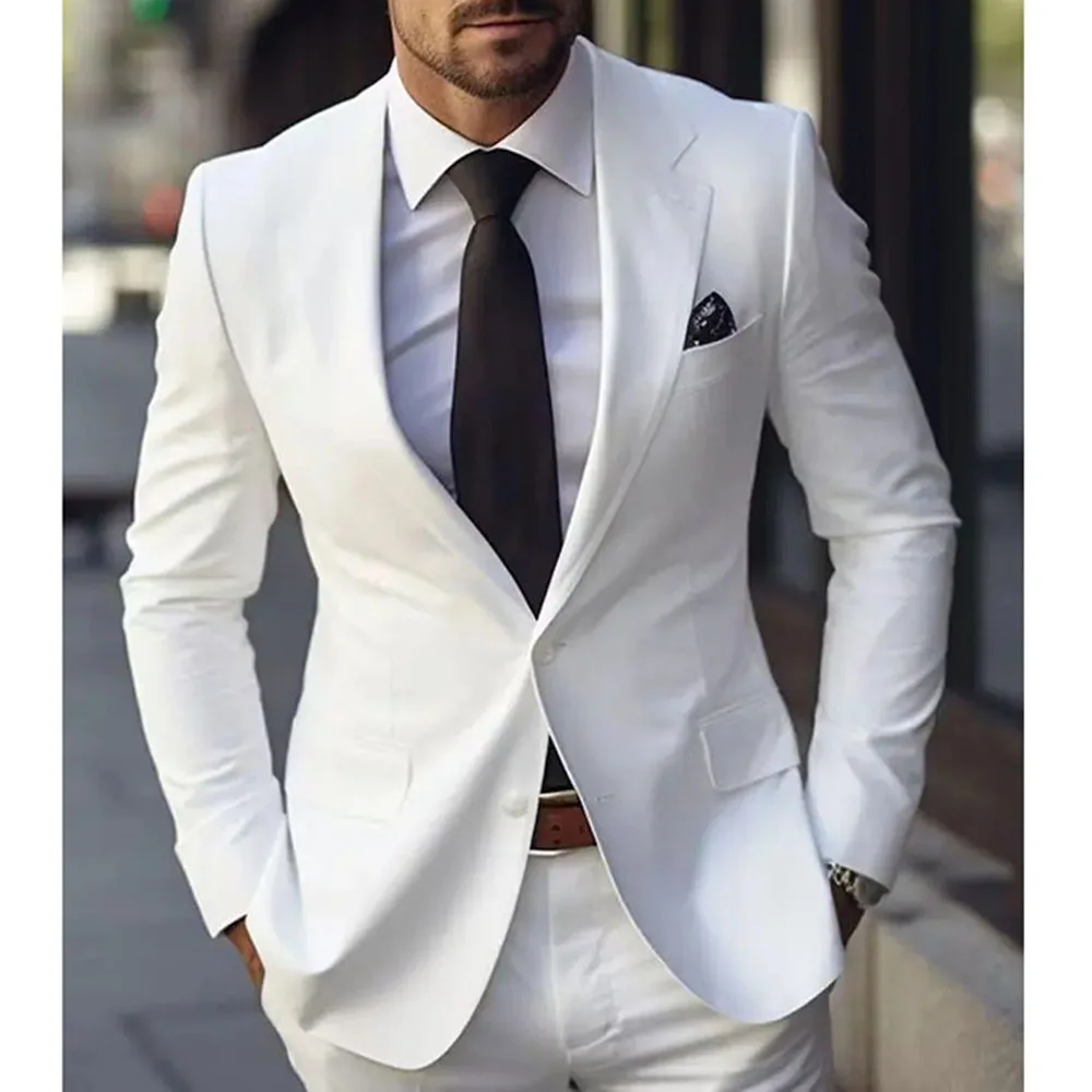 Handsome White Suit for Men Two Pieces (Jacket+Pants) Single Breasted Notch Lapel Costume Homme Business Wedding Groom's Set