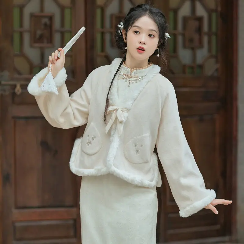 

Short Coat 2023 Autumn Winter Chinese Style Retro Embroidery Improved Han Suit Thickened Cotton Warm Woolen Jacket z064