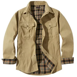 Men's Western Shirts Jacket Flannel Lined Shirt Jackets Long Sleeved Rugged Plaid Cotton Brushed Suede Shirt Jacket