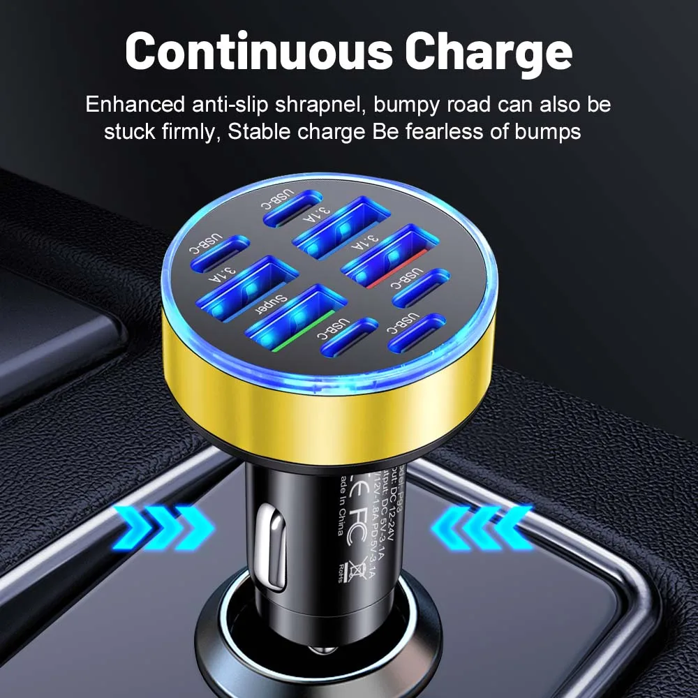 9 in 1 USB Car Charger Type C QC3.0 PD Car Chargers Phone Charger Adapter For iphone 15 14 Pro Max Samsung Xiaomi Huawei