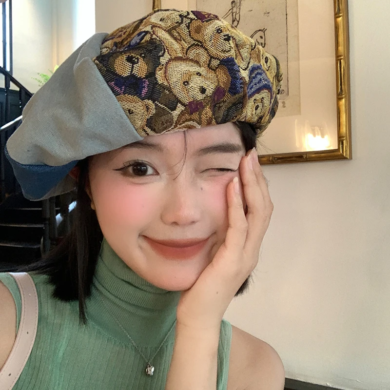 

Japanese Splicing Bear Print Denim Beret Women's Spring and Autumn Large Version Cloud Hat Versatile Fashion Octagonal Cap Mujer