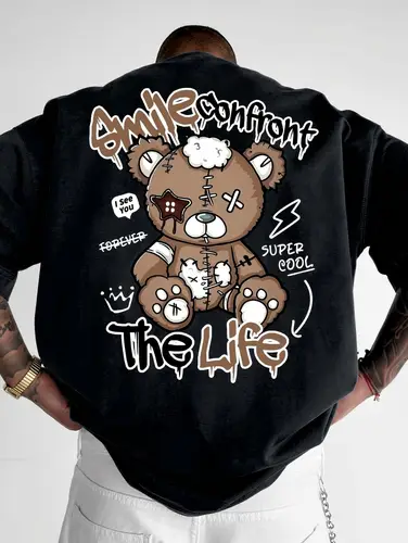 Summer new men's fashion style teddy bear letter print comfortable and breathable round neck T-shirt outdoor high street top - Image 2