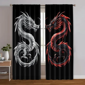 2 pezzi, tende con motivo fresco drago cinese poliestere versatile (senza asta) Ldeale per vari tipi di stanze 1