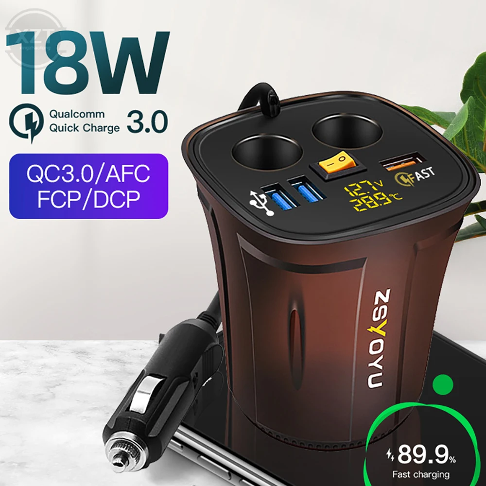 Fast QC3.0 USB Cup Holder Car Charger Adapter Cigarette Lighter Voltmeter 12V Socket Display Temperature Waterproof power switch