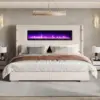 Modern King Size Bed Frame W/Fireplace, Wingback Platform Bed Frame W/60.4“ Extra Tall Headboard,Corduroy Upholstered Bed Frame 1