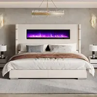 Modern King Size Bed Frame W/Fireplace, Wingback Platform Bed Frame W/60.4“ Extra Tall Headboard,Corduroy Upholstered Bed Frame 1
