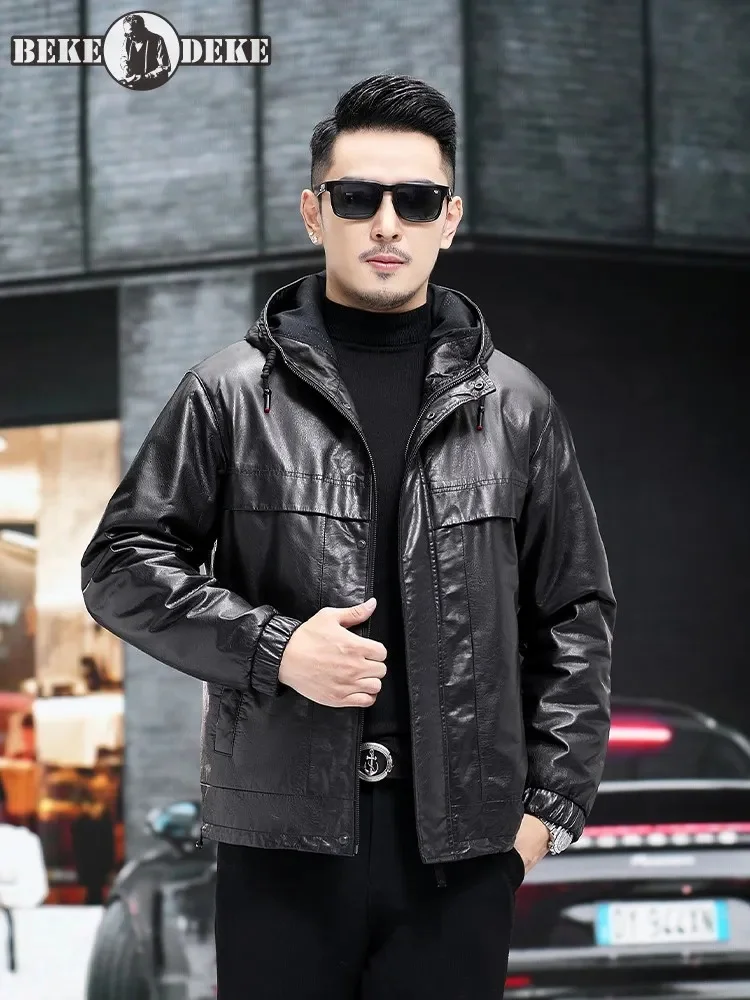 

Winter Men Hooded Oil Wax Cow Leather Motorcycle Biker Coat Thick Warm Genuine Down Jacket Business Casual Work Overcoat