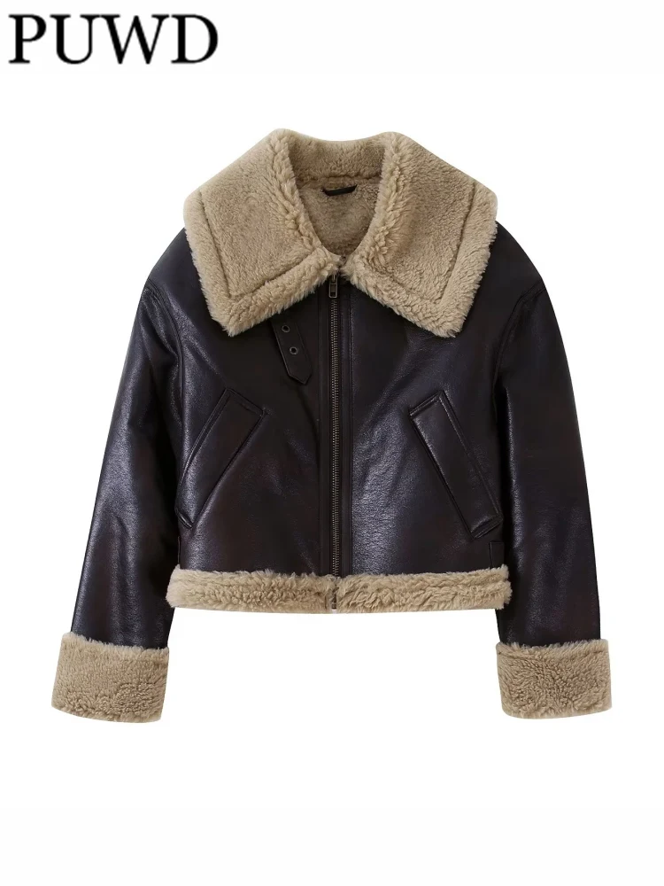 

PUWD Women Faux Fur Brown Reversible Jacket Leather Coat Zipper Vintage With Pockets 2022 Fall/Winter Female Outerwear Chic Tops