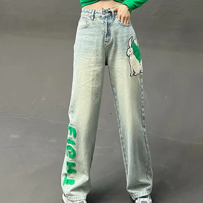 2023 Autumn American Style High-end Print Cute Rabbit Jeans Women Retro High Waist Button Pockets Zipper Straight Wide Leg Pants