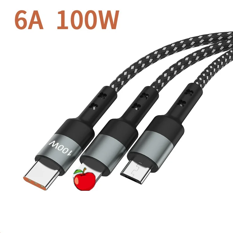 

3 in 1 USB Cable Fast Charging Real 100w 6A Type-C Micro 1.1 Meter