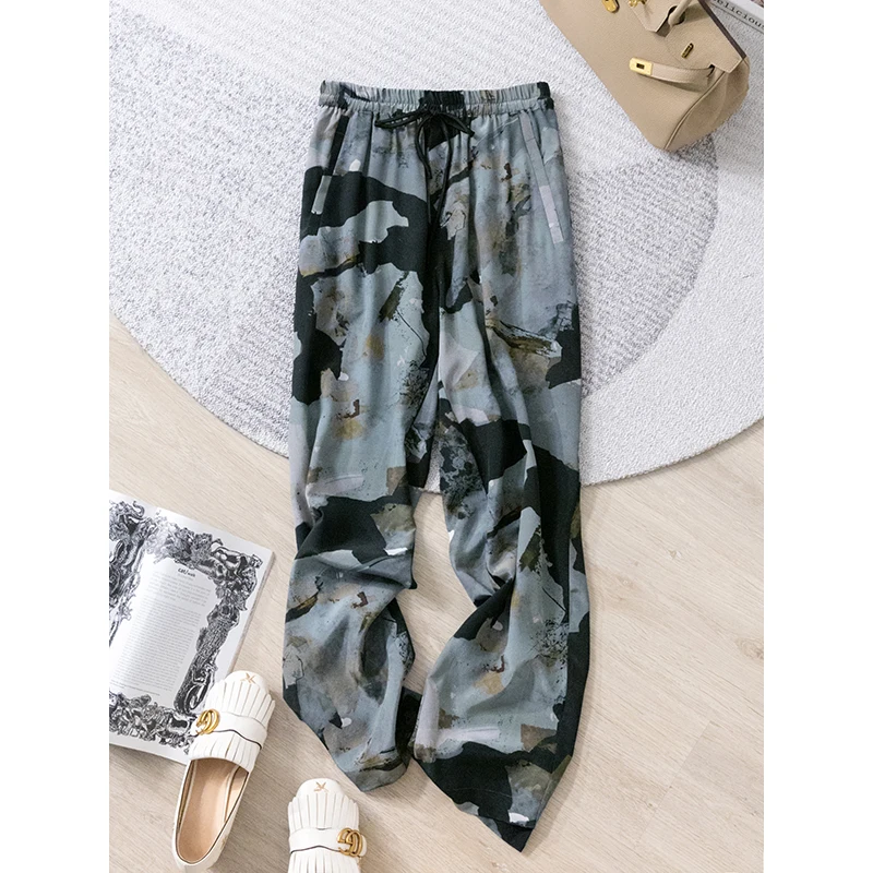 

100% Mulberry Silk Pants for Women Summer Ink Rendering High Quality Women's Pants Korean Fashion Streetwear Pantalon Xhl458