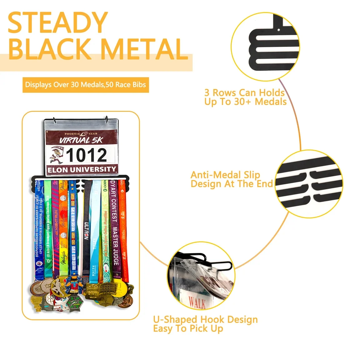 Acrylic Display Stand Medal Hanger Display for Runner Race Bib 3 Rows