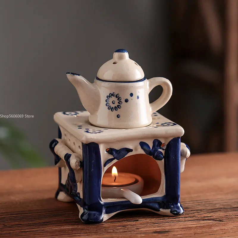Home Aromatherapy Pot Ceramic Candle Holder Boiling Tea Stove Hotel Front Desk Blue Porcelain Essential Oil Lamp Beauty Salon