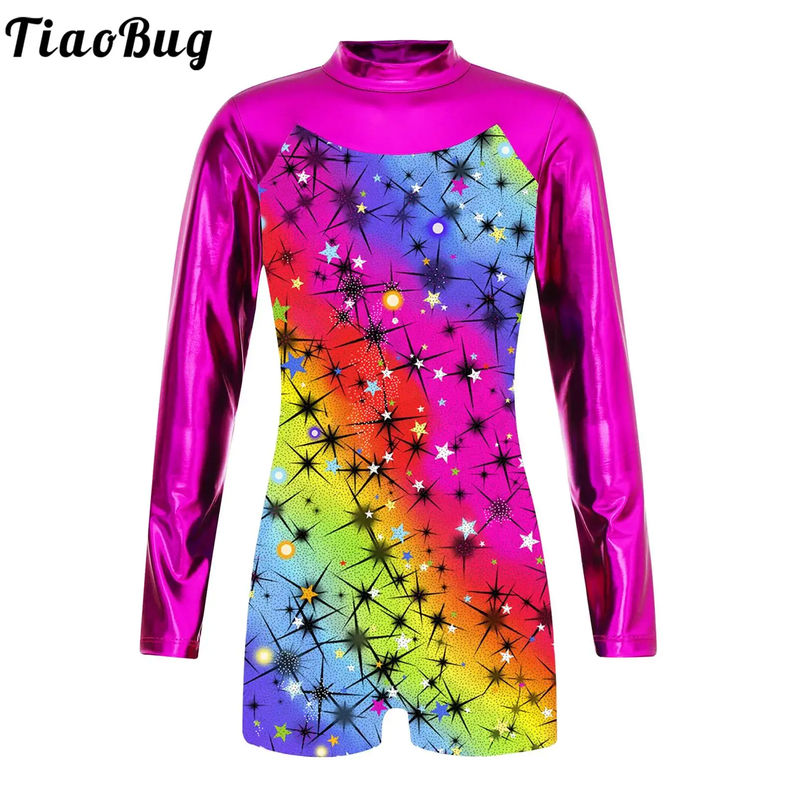

Child Girls One-piece Sport Bodysuit Long Sleeve Keyhole Back Metallic Pu Patchwork Dance Leotard Gymnastic Athletic Jumpsuit