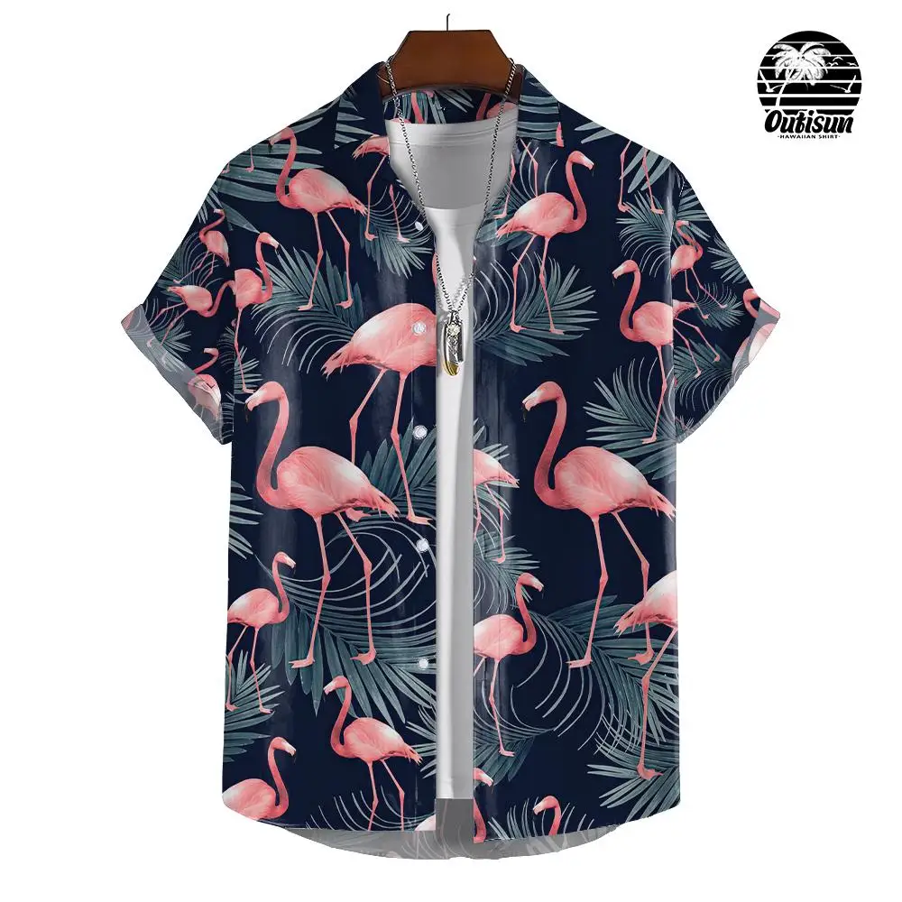 Flamingo Print Hawaiian Men's Shirt Ideal for Summer Vacations and Vacation Wear Men's Casual Short Sleeve Oversized Tops 2