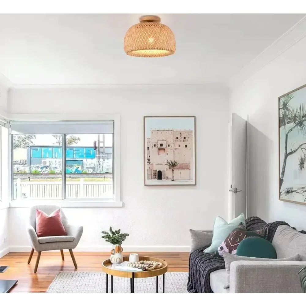 30CM E27 Handmade Boho Bamboo Wicker Ceiling Lamp Traditional Farmhouse Bedroom Restaurant Hallway Corridor Mount Ceiling Light