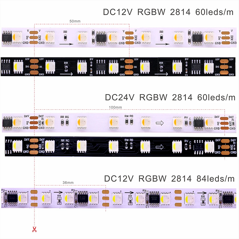 12V 24V WS2814 RGBWW RGBCW LED 스트립 라이트 4in1 (SK6812 RGBW 유사) 그룹 주소 지정 가능 WS2811 5050 3핀 LED 조명 IP30 65 67 LED
