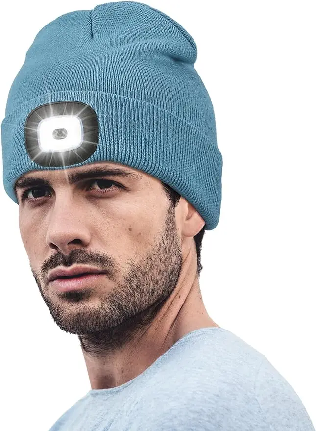 

Hands-Free LED Headlamp Beanie, Unisex Knit Winter Hat with USB Rechargeable Flashlight, Ideal Gifts for Men Husband Dad Blue