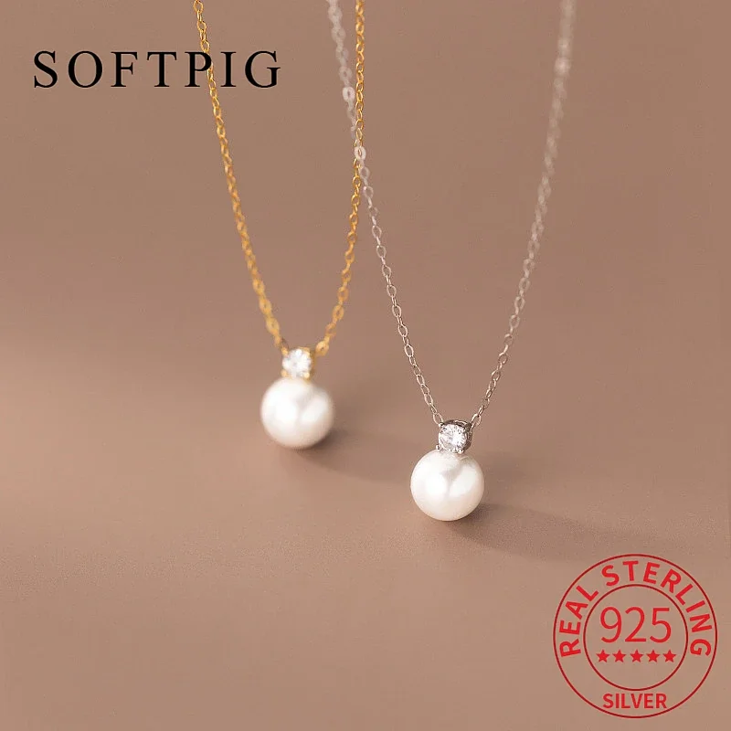 

SOFTPIG Real 925 Sterling Silver Zircon CZ Pearl Round Choker Necklace For Women OL Fine Jewelry Minimalist Accessories