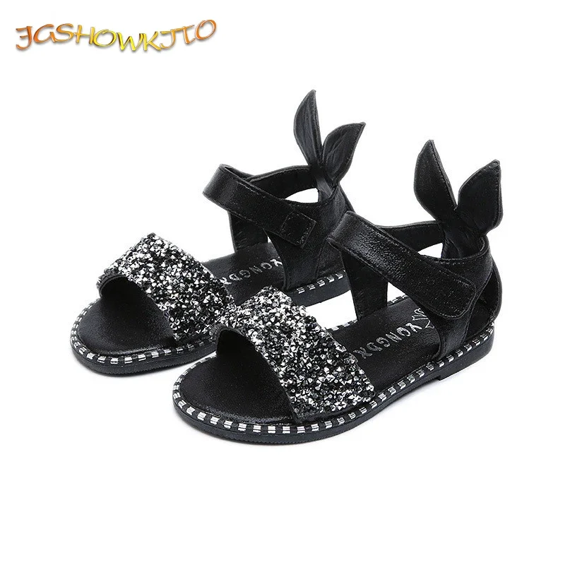 Baby Girl Sandals Fashion Bling Shiny Rhinestone Girls Shoes With Rabbit Ear Kids Flat Sandals 13-22CM