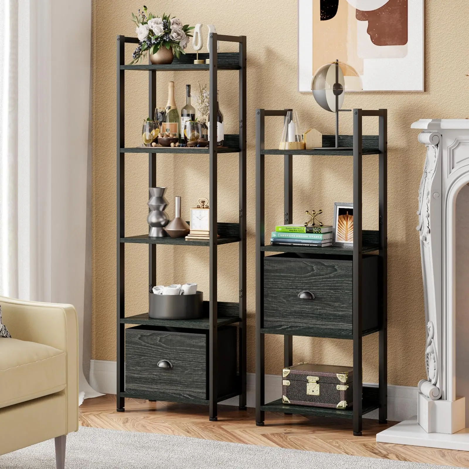 

5 Tier Bookshelf with Drawer, Tall Narrow Bookcase with Shelves, Wood and Metal Book Shelf Storage Organizer, Black oak